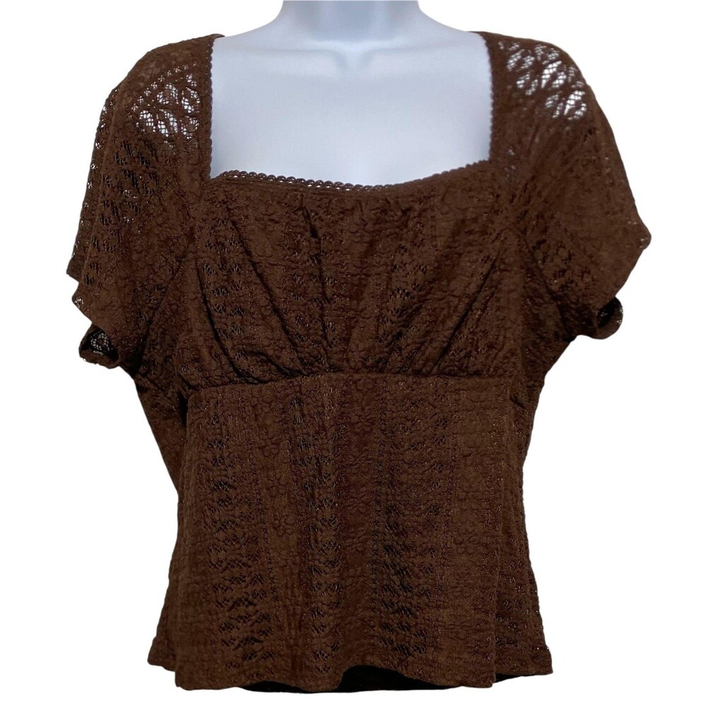 Womens Blouse Milkmaid Lace 2XL 20 Brown Crochet Square Neck Short Sleeve